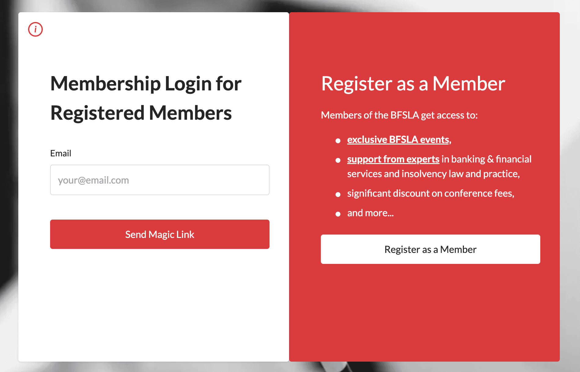 Login page showing membership login form with Register as a Member button on the right side