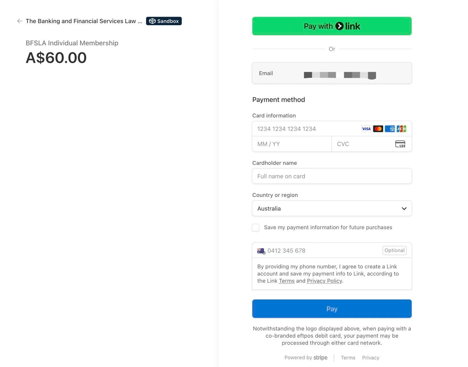 Payment page with credit card information form and billing details
