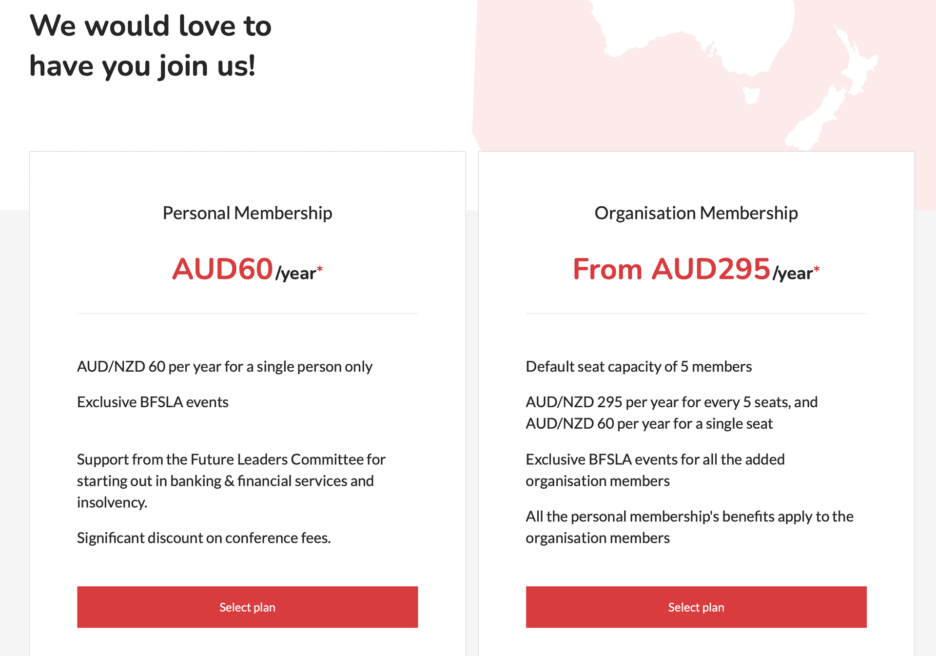 Pricing page showing Personal Membership and Organisation Membership options