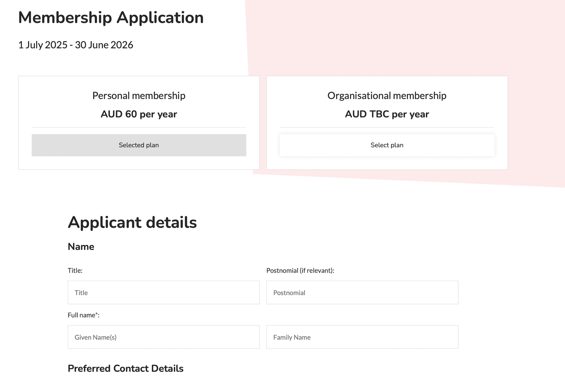 Personal membership registration form with personal information fields