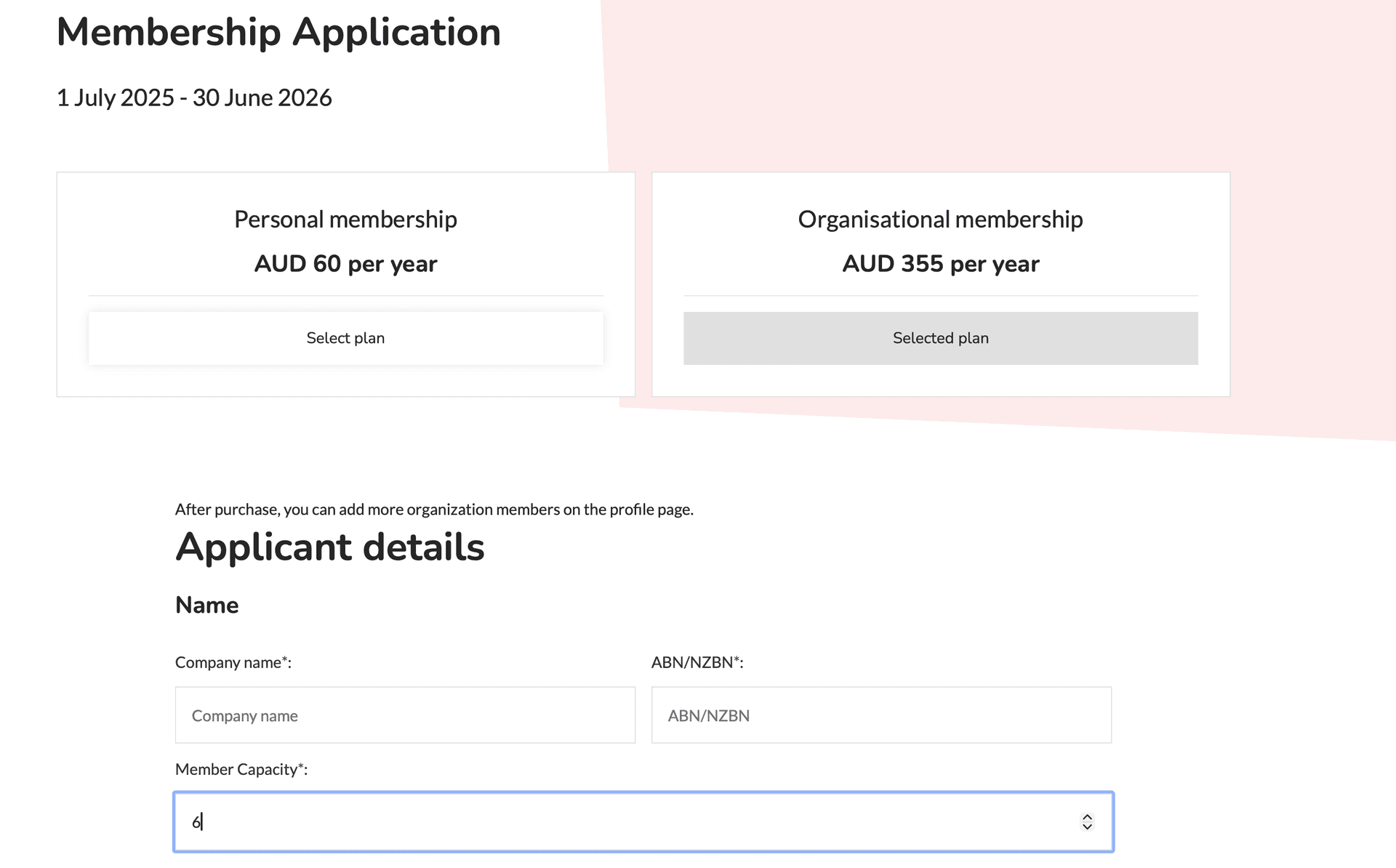 Organisation membership registration form with company details and business number fields