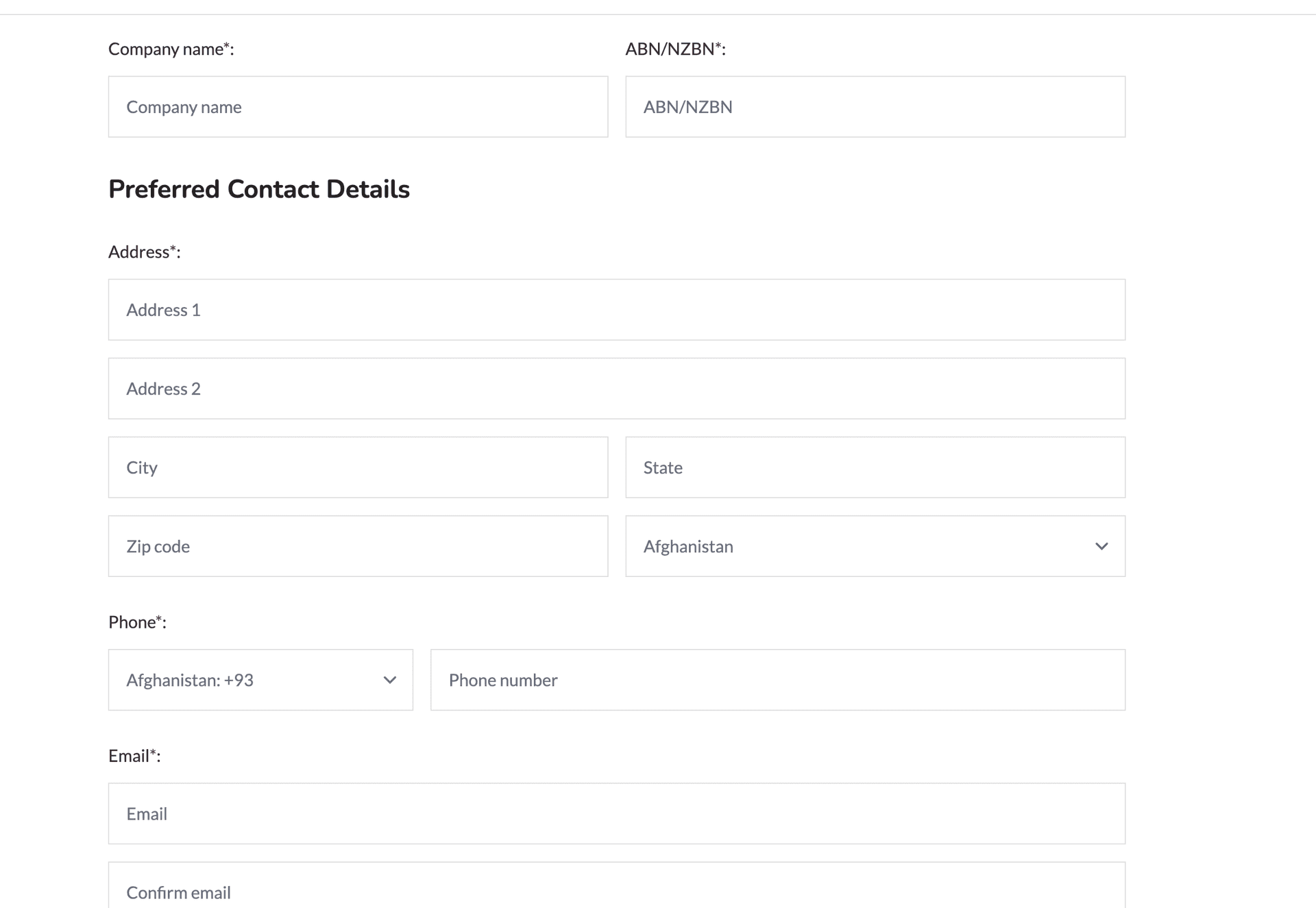 Personal information form with required fields for contact details