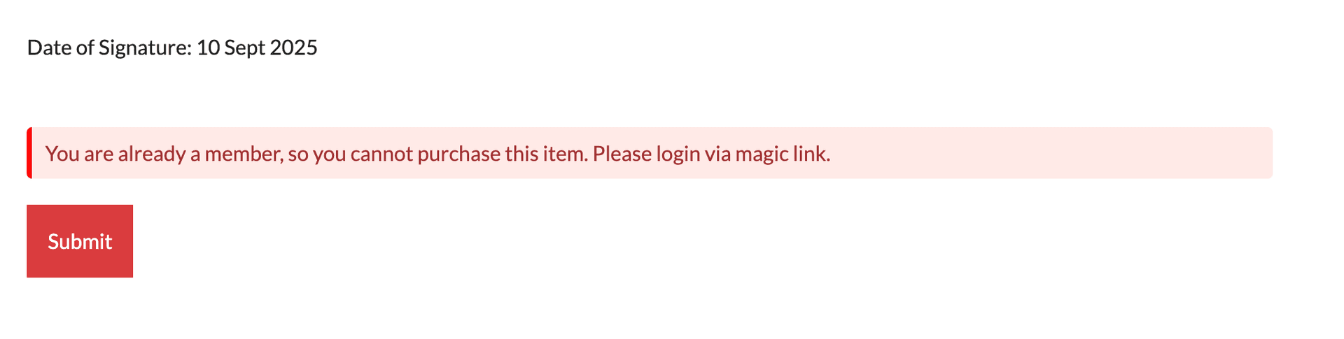 Error message showing that the email is already associated with an active member