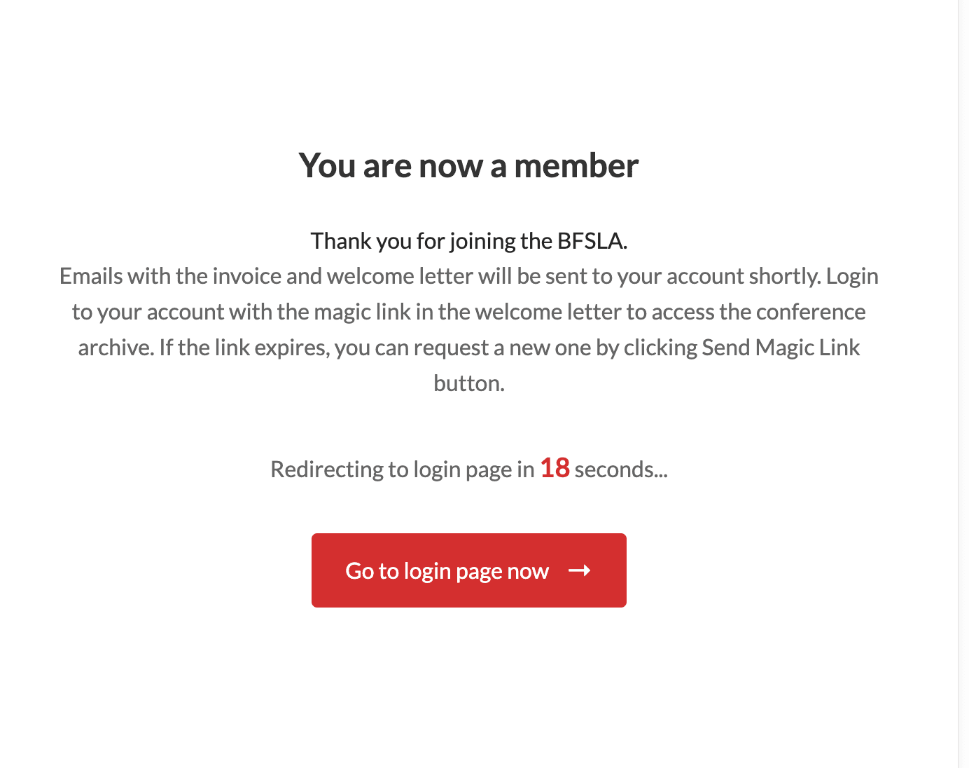 Registration success page with confirmation message and automatic redirect notice