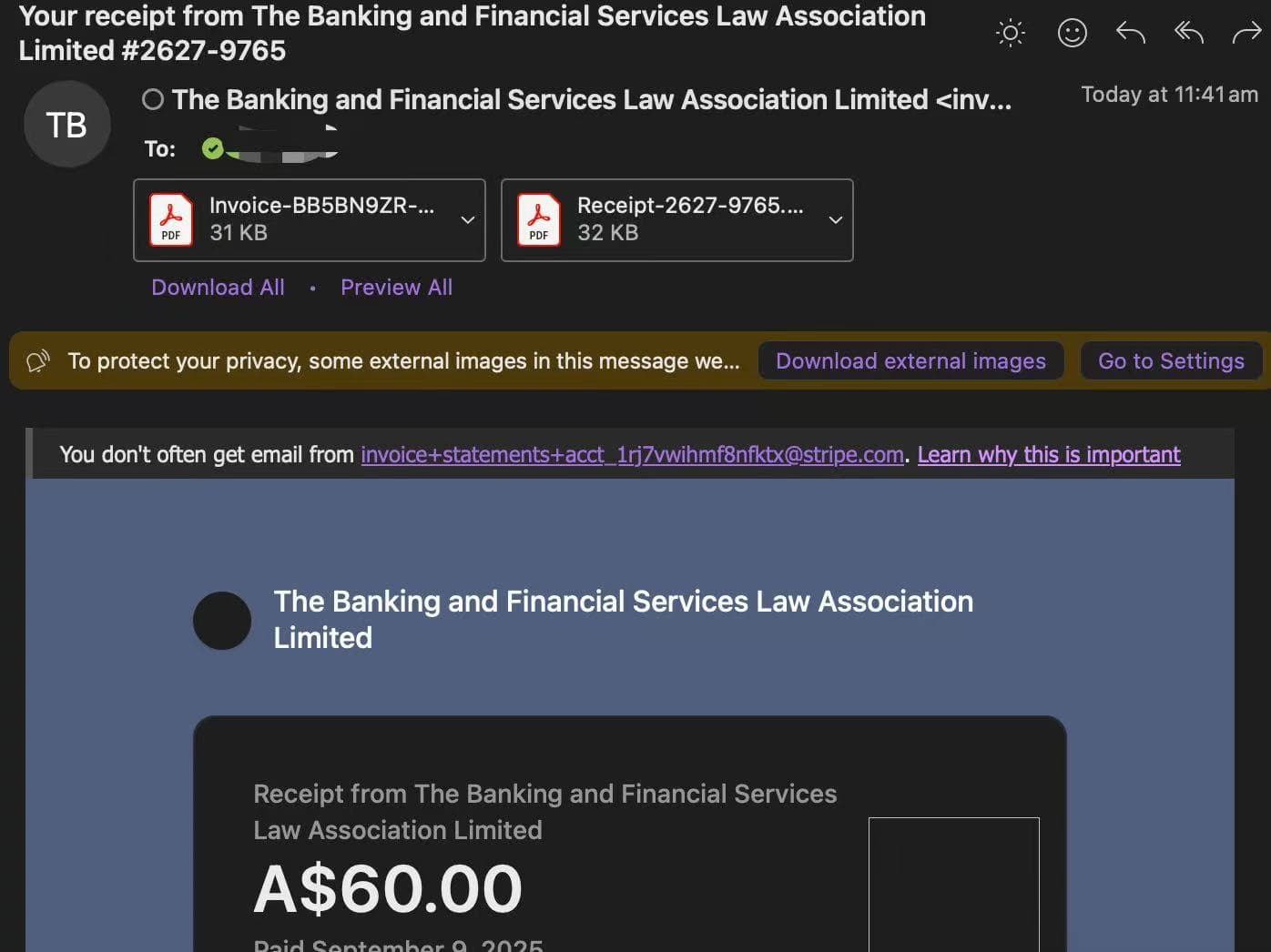 Invoice email from BFSLA with payment receipt and membership details