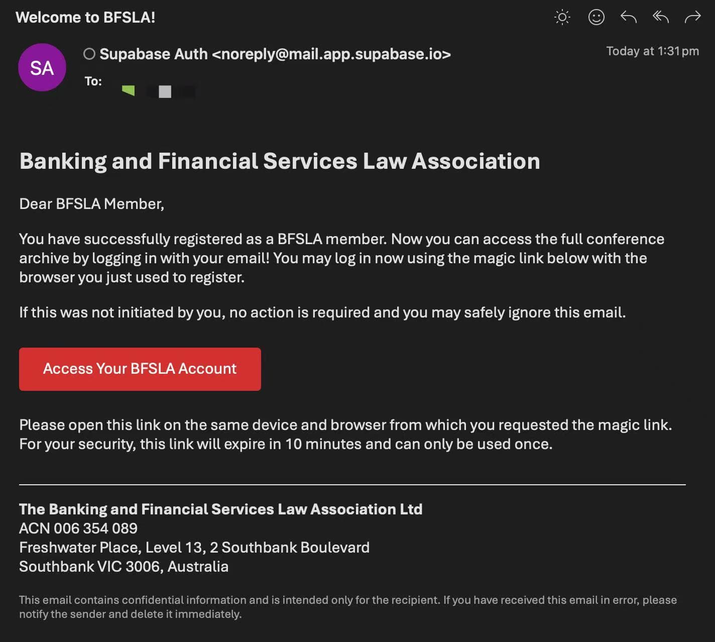 Welcome email for new members with magic link and getting started information