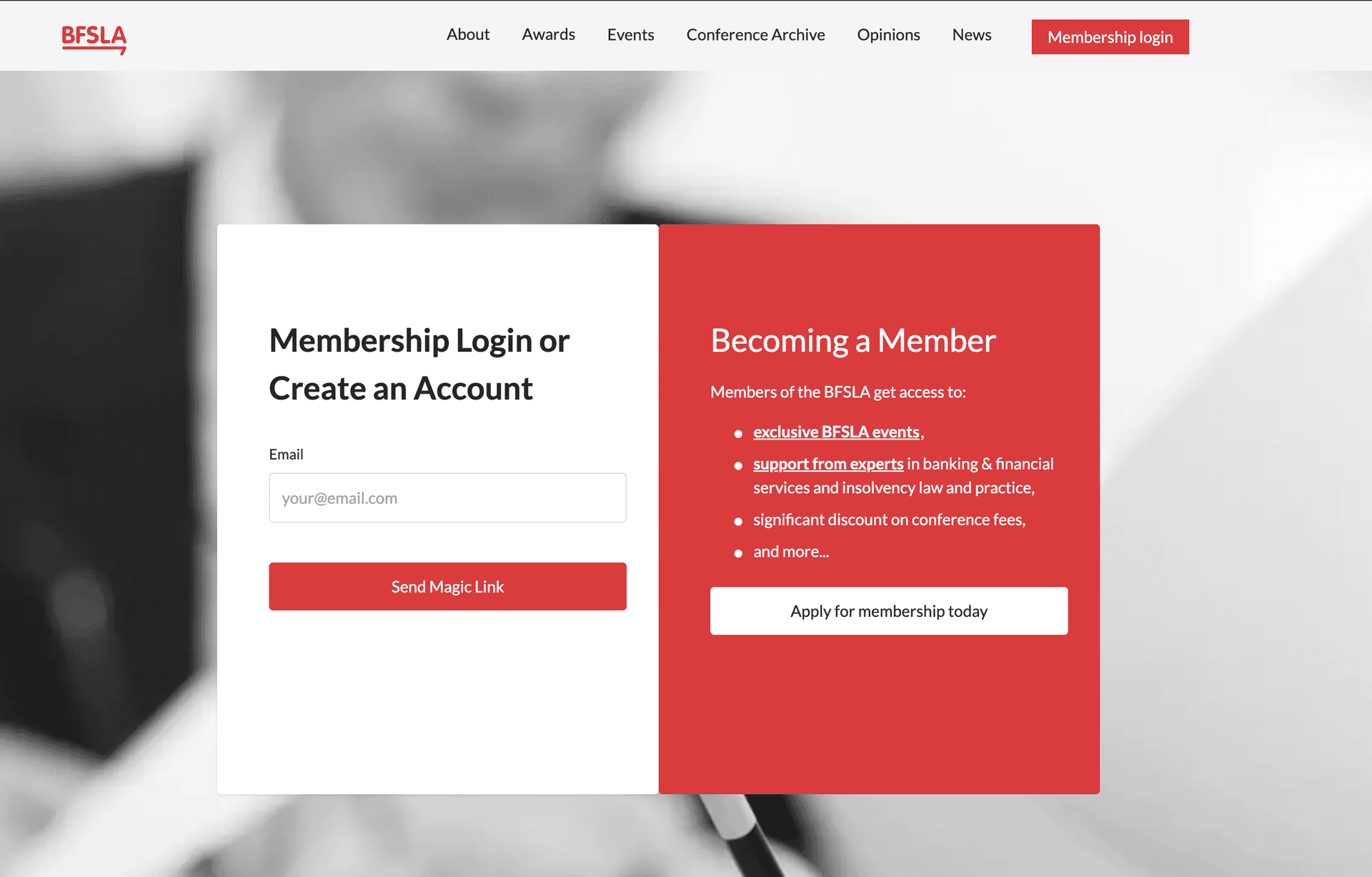 Login page showing membership login form with email field and Send Magic Link button