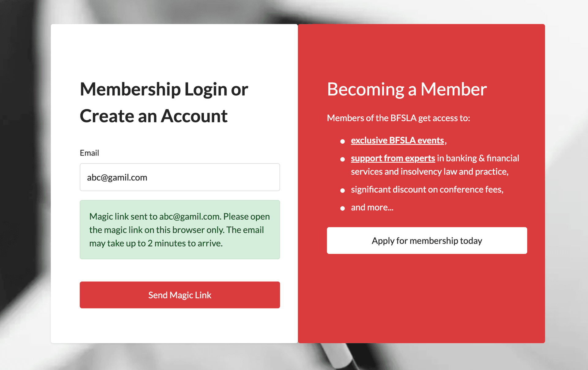 Success notification showing magic link has been sent to email address