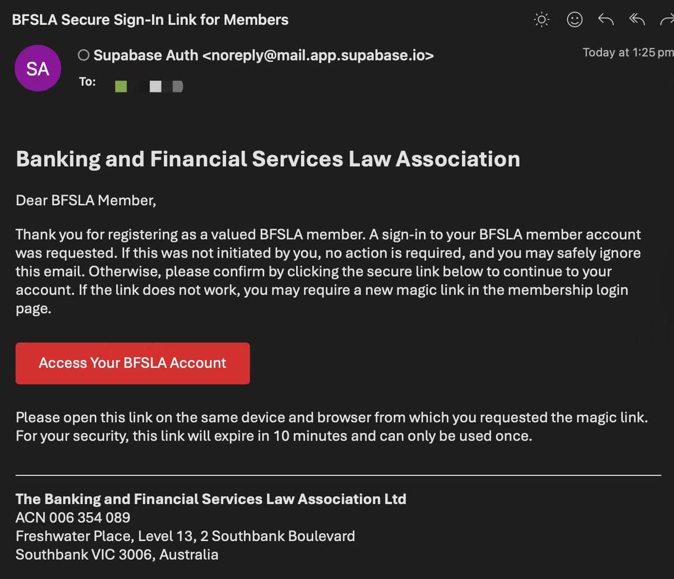 Email inbox showing BFSLA secure sign-in link email