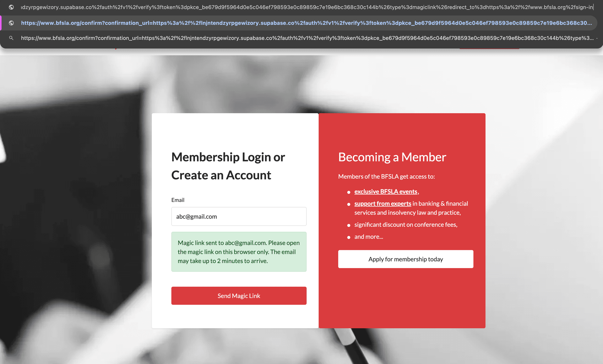 Email content showing BFSLA secure sign-in link with Access Your BFSLA Account button