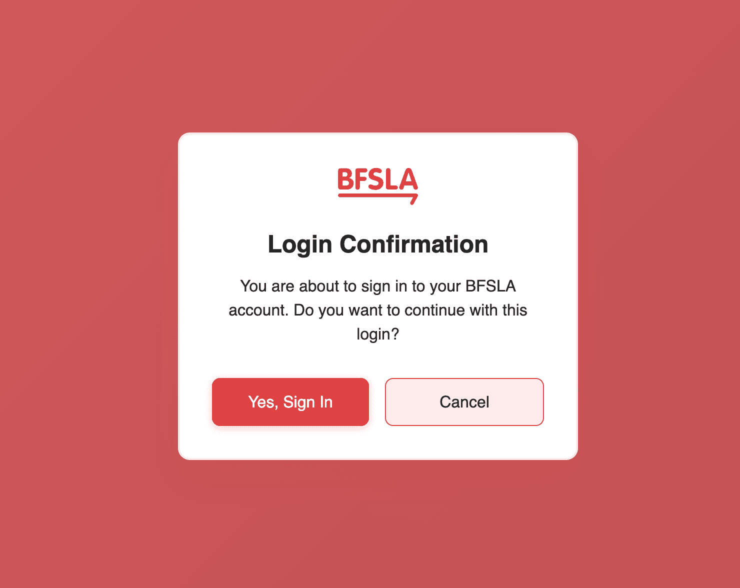Login confirmation dialog asking to confirm sign-in with Yes, Sign In and Cancel buttons