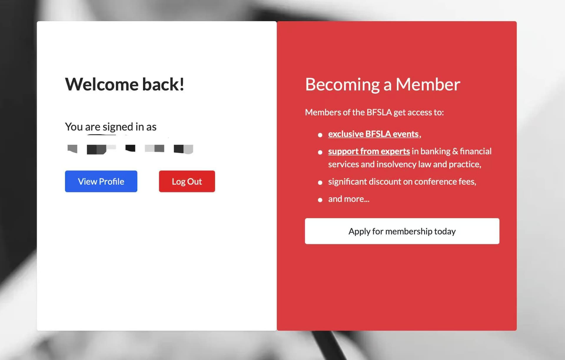 Welcome back screen showing successful login with View Profile and Log Out options