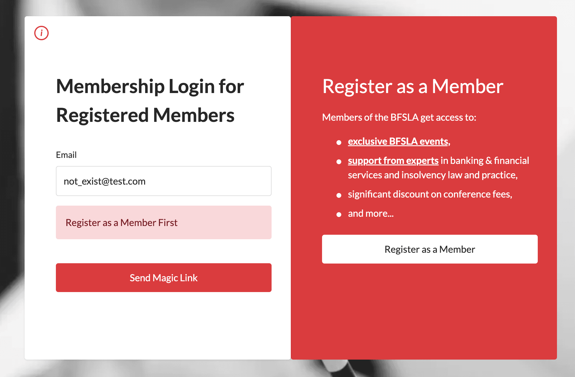 Error message showing Register as a Member First with Register as a Member button