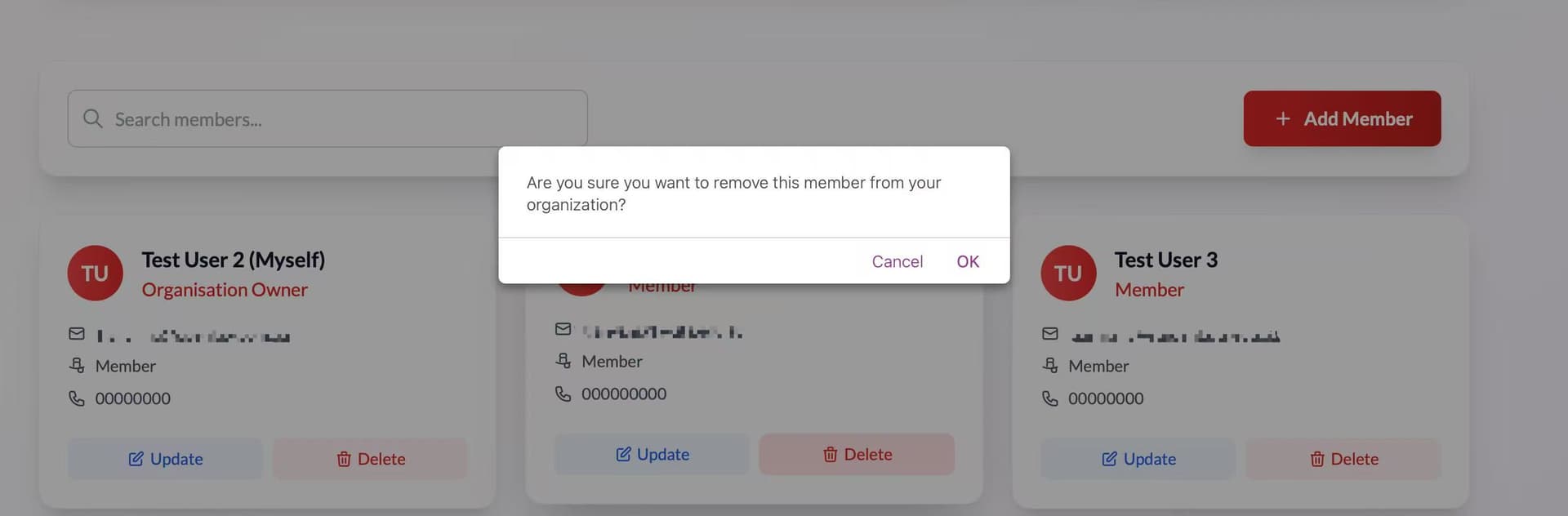 Organisation Admin page showing delete confirmation dialog
