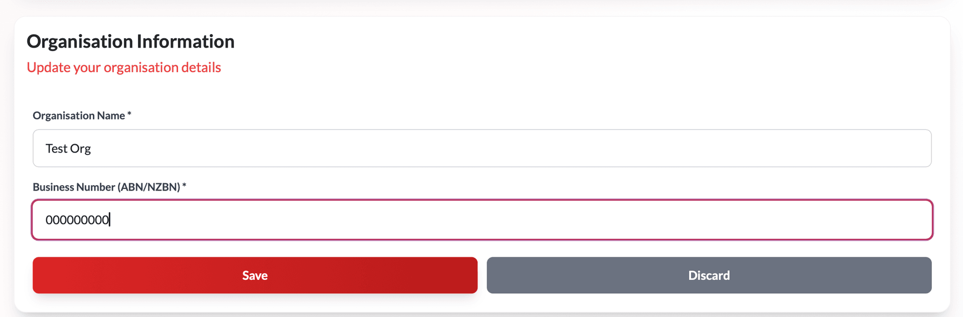 Organisation information form with editable fields