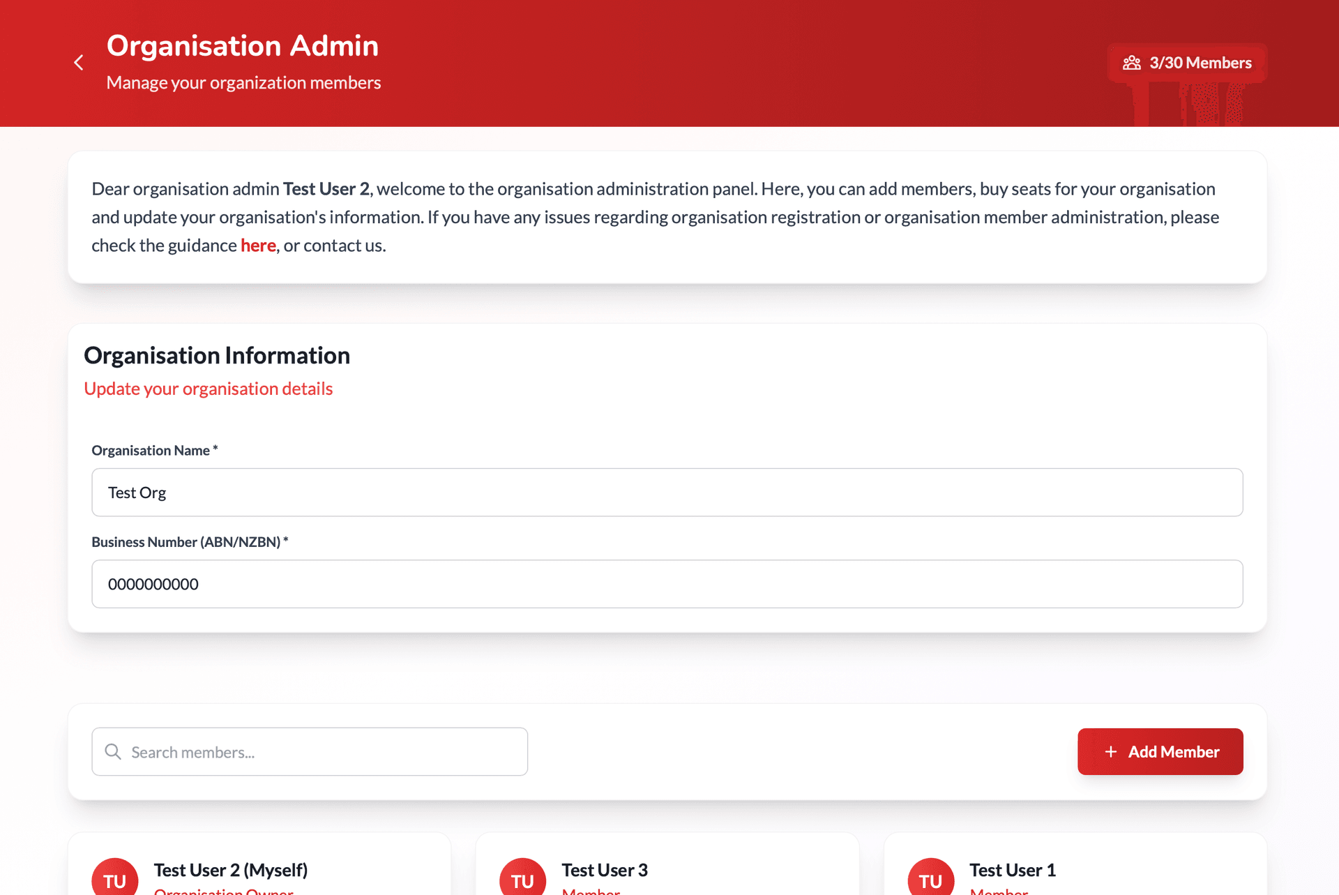 Organisation Admin page showing member list and capacity counter