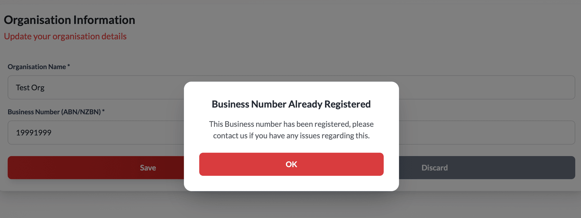 Warning message about business number already being registered