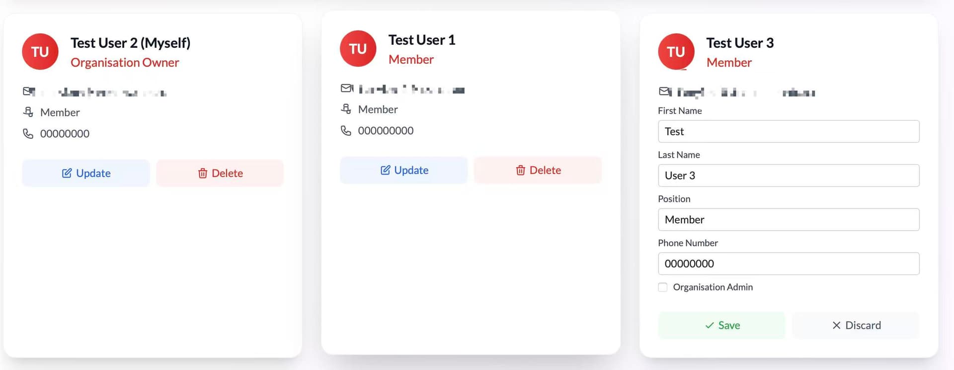 Organisation member list with update buttons for each member