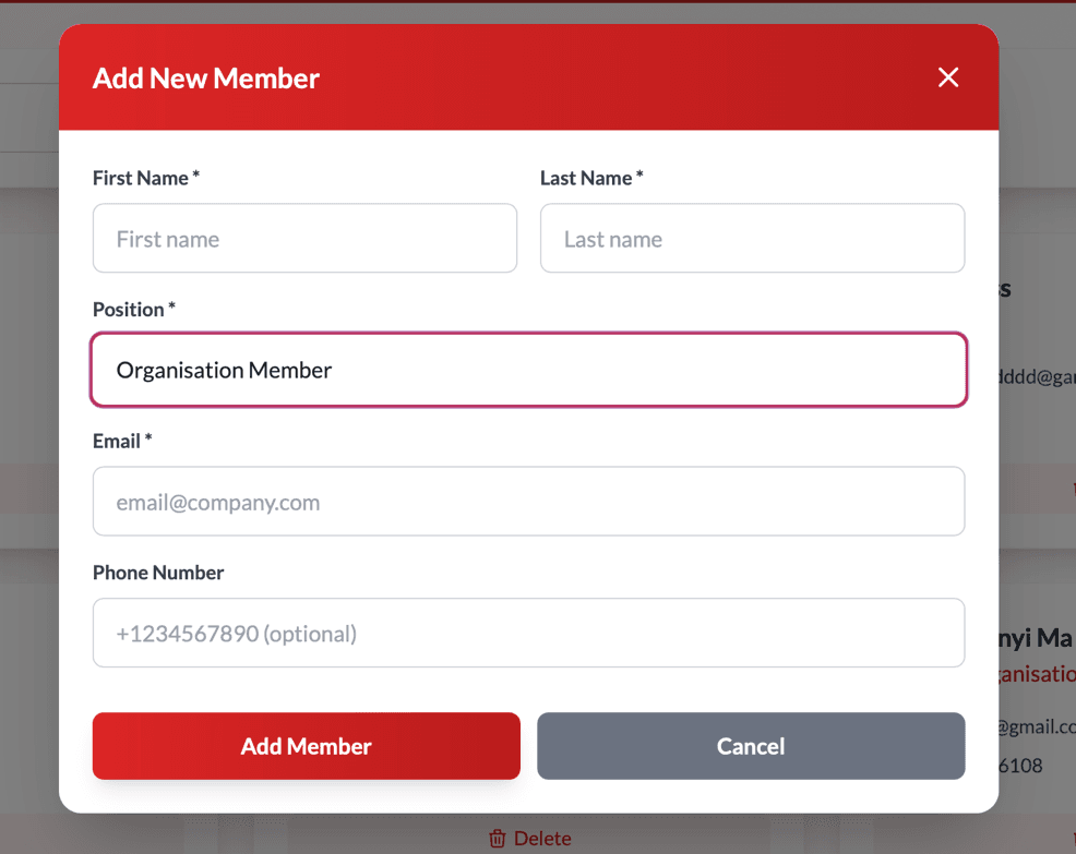 Add New Member dialog with form fields for name, position, email, and phone