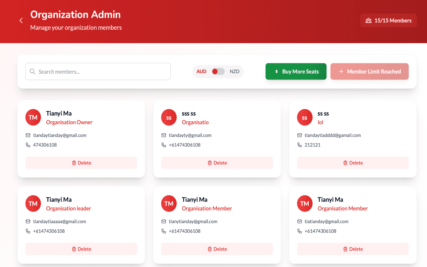 Organisation Admin page showing member limit reached and Buy More Seats button