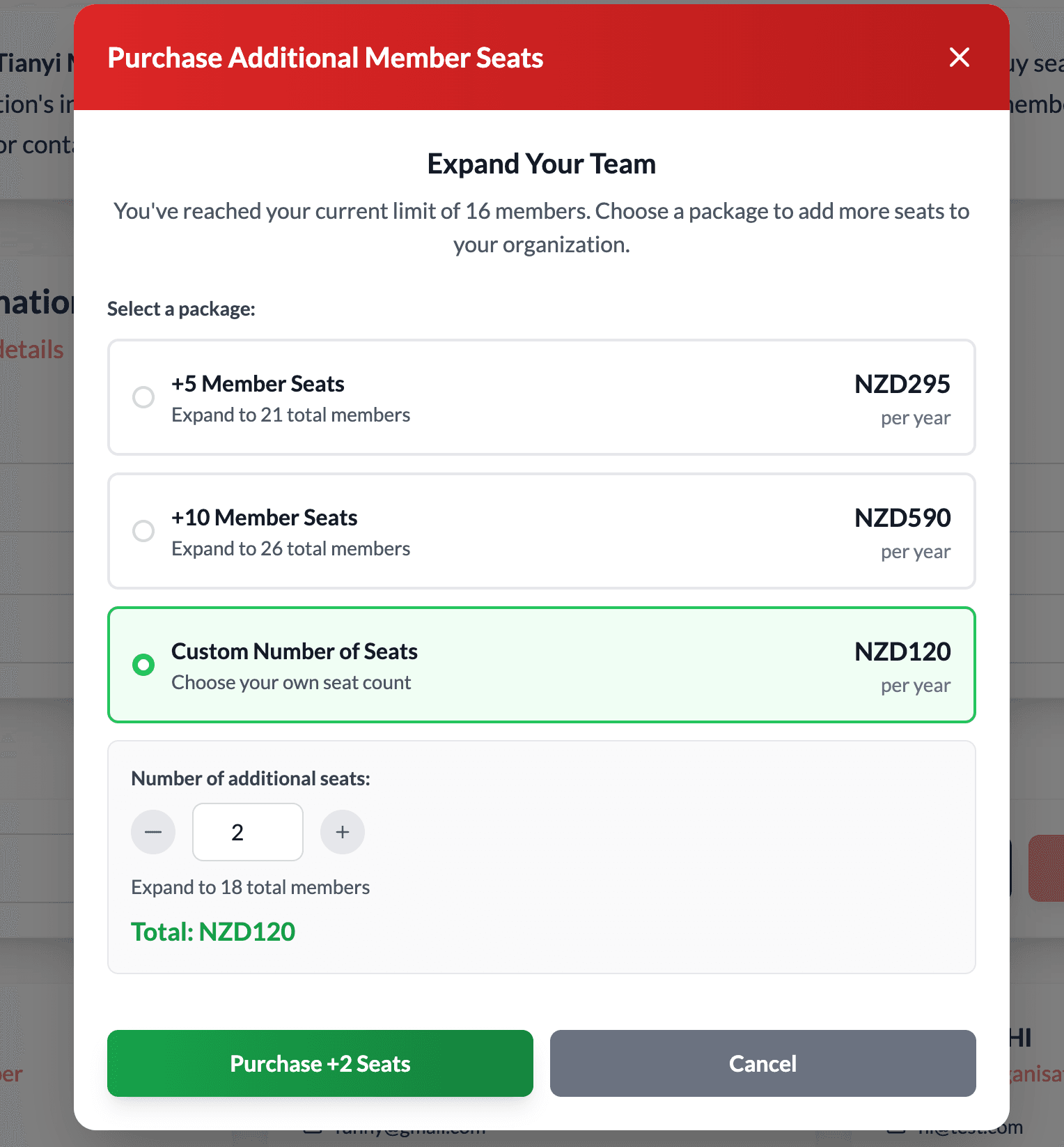 Purchase Additional Member Seats dialog with pricing options