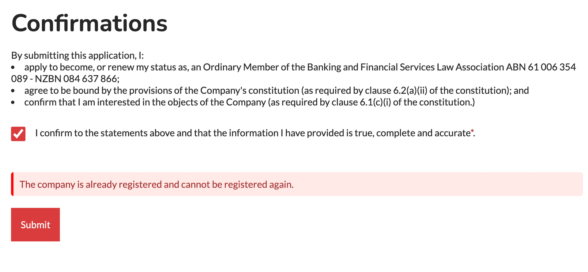 Error message showing that the company is already registered and cannot be registered again
